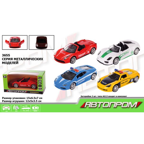 

Машина металл "АВТОПРОМ", 1:32-36, 4 вида, батар., свет, откр.двери, в кор. 15*6,7*7см (96шт/4)