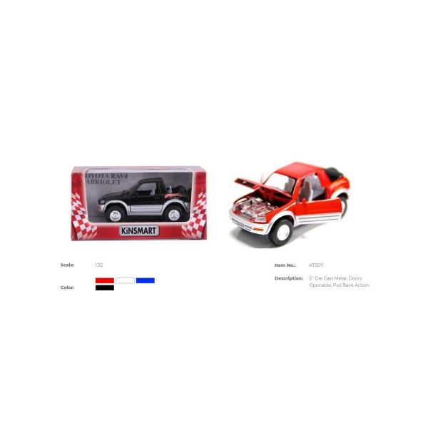 

Машина метал. "Kinsmart" "TOYOTA RAV4" инерц., 12см, 1:32, от. дв., 4 цвета, в кор. 16*7,5*8см (96 шт)