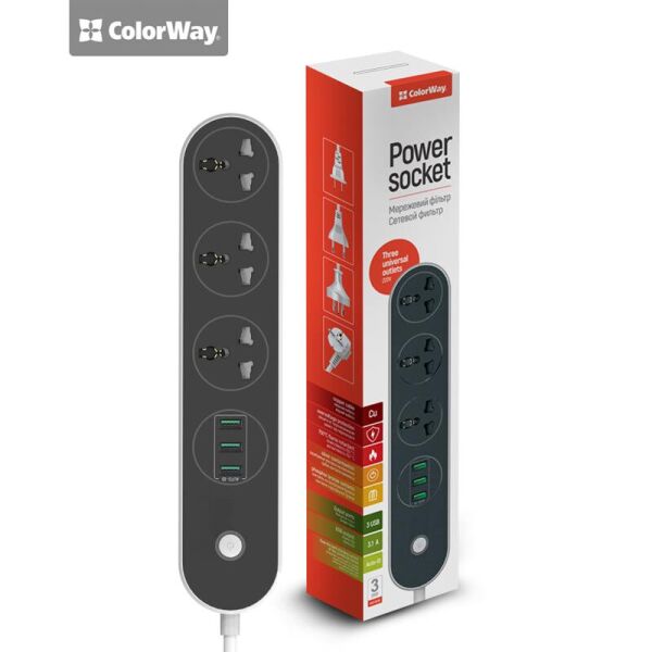 

Фильтр питания СolorWay (CW-CHU33B) 3 розетки, 3xUSB, 1.8м, Black