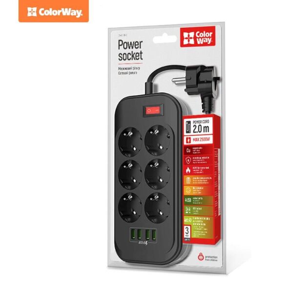 

Фильтр питания СolorWay (CW-CHE64B) 6 розеток, 4xUSB, 2м, Black