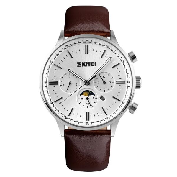 

Часы мужские SKMEI 9117 с ремешком из эко кожи + лунный календарь Коричневые с белым циферблатом и серебристым корпусом