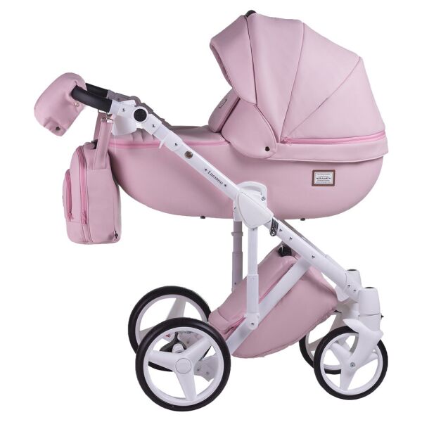 

Коляска детская 2в1 универсальная с сумкой и амортизаторами Adamex Luciano кожа 100% Q110 розовый (пудра)