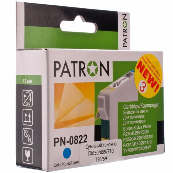 

Картридж PATRON для EPSON R270/290/390/RX590 CYAN (PN-0822) (CI-EPS-T08124-C3-PN)
