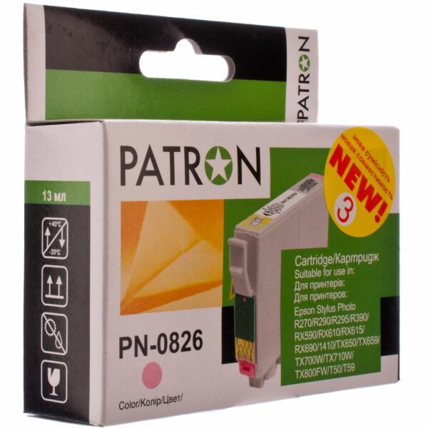 

Картридж PATRON для EPSON R270/290/390/RX590 LIGHT MAGENTA (PN-0826) (CI-EPS-T08164-LM3-PN)