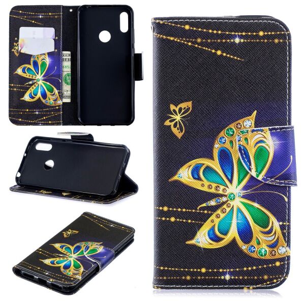 

Чехол книжка для Huawei Y6 2019 боковой с отсеком для визиток, Золотая бабочка