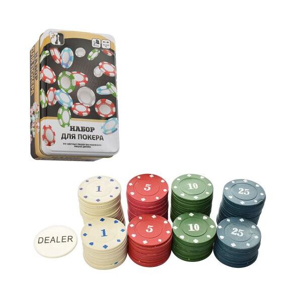 

Настольная игра покер, 100 фишек (с номиналом), в металл. корр. 12*19,5*5см (24шт)