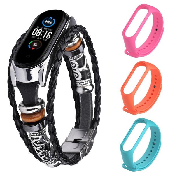 

Ремешок винтажный для фитнес-браслета Xiaomi Mi Band 3 и 4 Type A Black-silver + 3 цветных ремешка