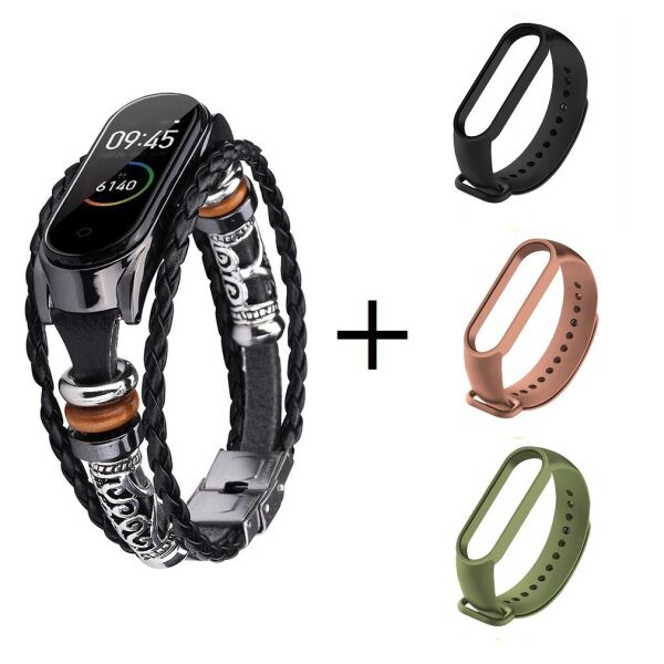 

Ремешок винтажный для фитнес-браслета Xiaomi Mi Band 5 и 6 Type A Black + 3 цветных ремешка