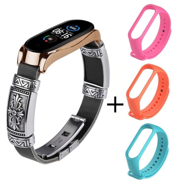 

Ремешок винтажный для фитнес-браслета Xiaomi Mi Band 3 и 4 Type B Black-rose gold + 3 цветных ремешка
