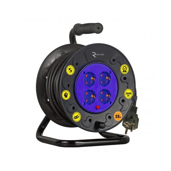 

Удлинитель на катушке RITAR 2х0,75, 25 м, 10А, 220В, 4xSCHUKO socket, кабель нг-LS, Q4