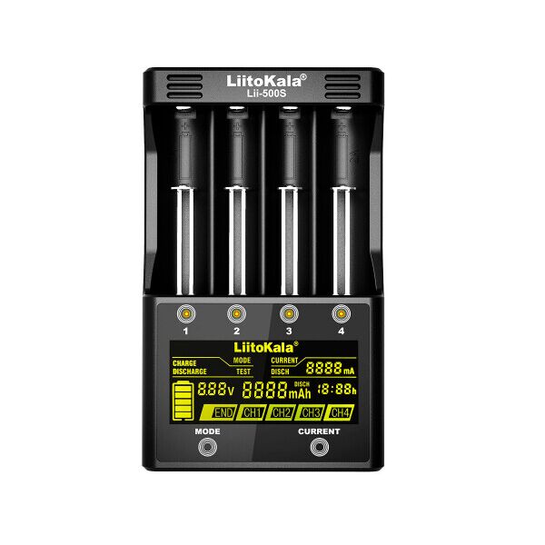 

ЗУ универсальное Liitokala Lii-500S, АЗУ+СЗУ, 4 канала,LCD дисплей, поддерживает Li-ion, Ni-MH и Ni-Cd AA (R6), ААA (R03), AAAA,