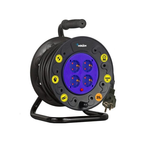 

Удлинитель на катушке MERLION 2х0,75, 25 м, 10А, 220В, 4xSCHUKO socket, кабель нг-LS, Q4