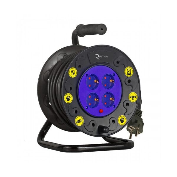 

Удлинитель на катушке RITAR 2х0,75, 30 м, 10А, 220В, 4xSCHUKO socket, кабель нг-LS, Q4