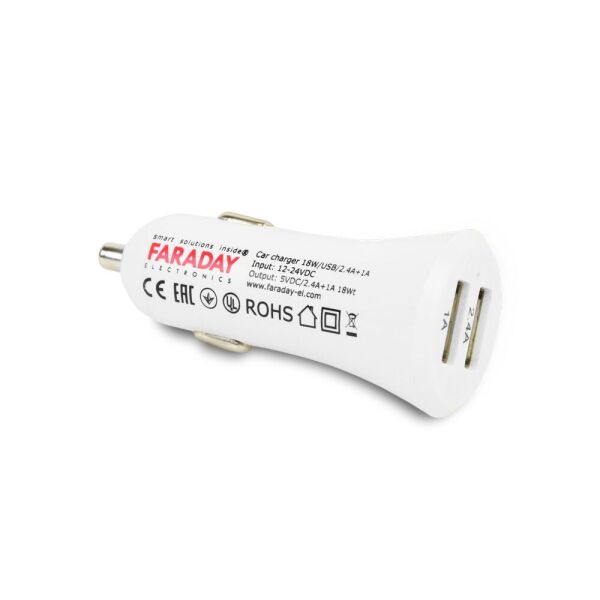 

Автомобильное зарядное устройство Faraday Electronics 18 Вт USB CAR с 2 USB выходами 2.4 А и 1 А