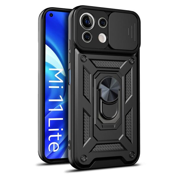 

Чехол накладка для Xiaomi Mi 11 Lite противоударный с кольцом подставкой, защитной шторкой для камеры, Черный