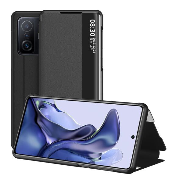 

Чехол книжка для Xiaomi 11T боковой фактура кожи, Smart Cover, Черный