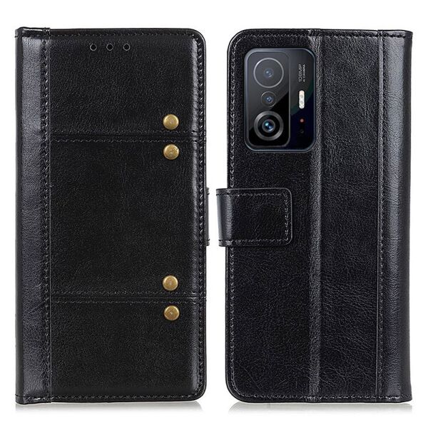 

Чехол книжка для Xiaomi 11T Pro боковой с отсеком для визиток, Гладкая Ретро кожа, Черный