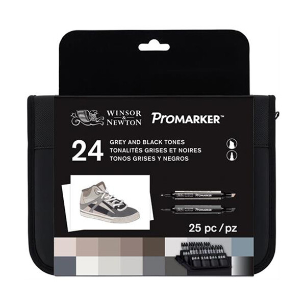 

Набор двухсторонних маркеров Winsor Newton Promarker Black and Greys 24 цвета + сумка пенал (290081)