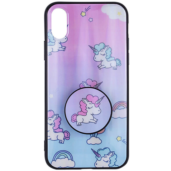 

TPU+Glass чехол Unicorn + круглая подставка для Apple iPhone X / XS (5.8") Единороги