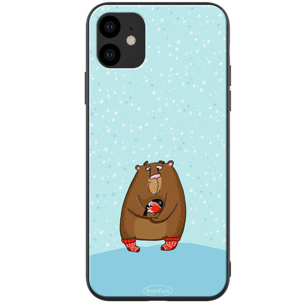 

TPU+PC чехол ForFun для Apple iPhone 11 (6.1") Медведь и снегирь / Голубой