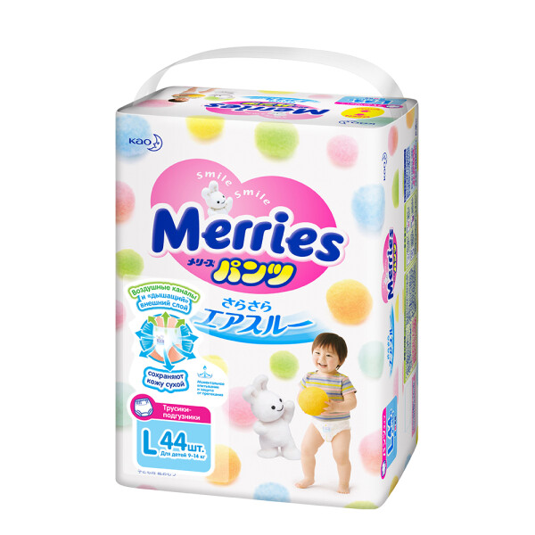 

Трусики-подгузники для детей Merries, размер L 9-14 кг, 44 шт