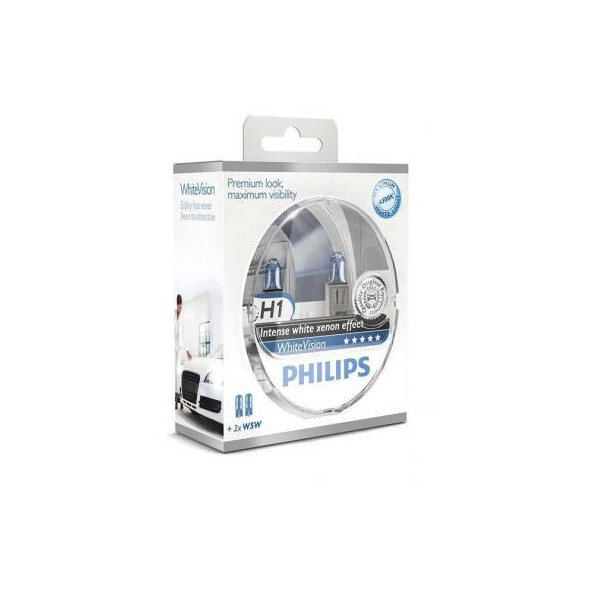 

Автолампа PHILIPS H1 WhiteVision +60%, 3700K, 2шт (12258WHVSM)