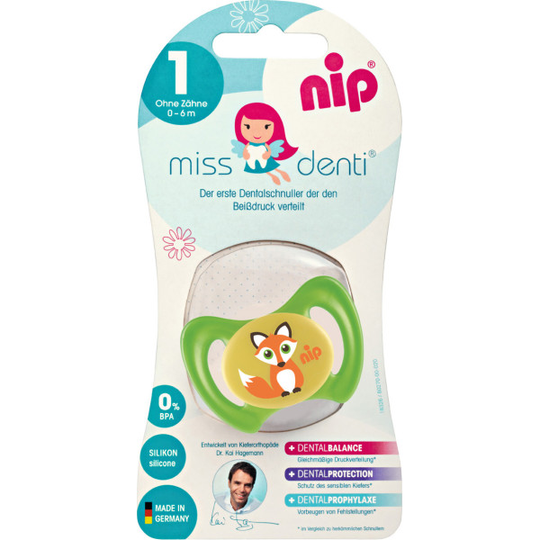 

Силиконовая пустышка Nip Miss Denti №1, 0-6 мес. Зеленый (31800)