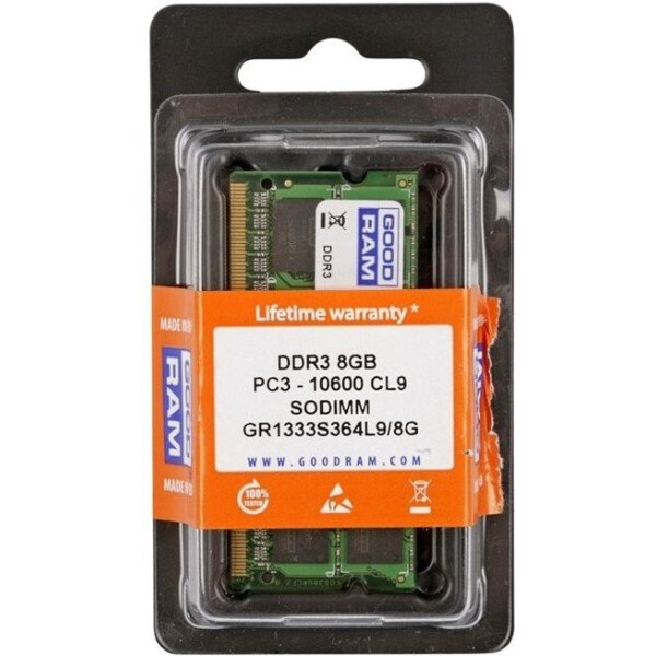 

Goodram 8GB [1x8GB 1333MHz DDR3 CL9 SODIMM] (GR1333S364L9/8G)