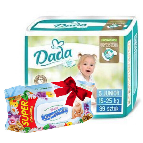 

Подгузники Dada Extra Soft 5 Junior (15-25 кг), 39 шт + cалфетки Superfresh 120 шт СО СКИДКОЙ