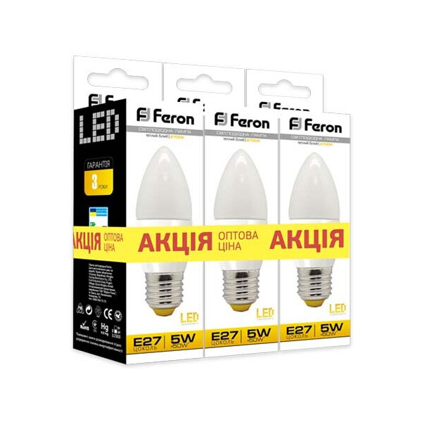 

Лампа светодиодная Feron LB-97 5W E27 2700K 3шт. в упаковке (1504)