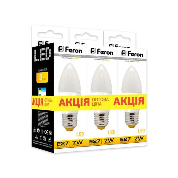 

Лампа светодиодная Feron LB-97 7W E27 2700K 3шт. в упаковці (1512)