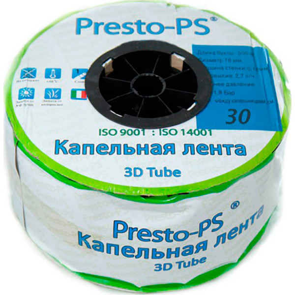 

Капельная лента Presto-PS эмиттерная 3D Tube капельницы через 30 см, длина 500 м (3D-30-500)