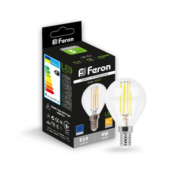 

Лампа филаментая Feron LB-61 P45 230V 4W 400Lm E14 4000K (25579)