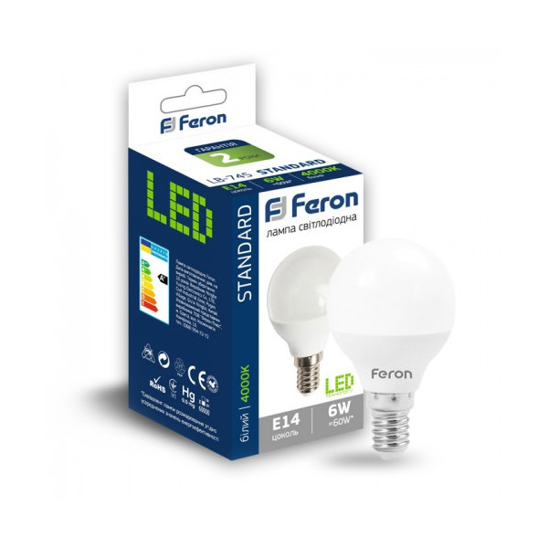 

Лампа светодиодная Feron LB-745 P45 230V 6W 520Lm E14 4000K (25672)