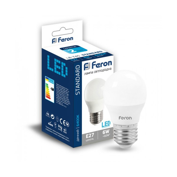

Лампа светодиодная Feron LB-745 G45 230V 6W 540Lm E27 6400K (25676)