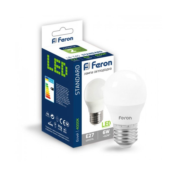 

Лампа светодиодная Feron LB-745 G45 230V 6W 520Lm E27 4000K (25675)