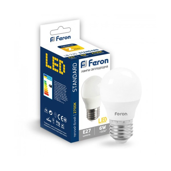 

Лампа светодиодная Feron LB-745 G45 230V 6W 500Lm E27 2700K (25674)