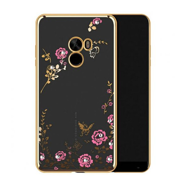 

прозрачный с цветами и стразами для Xiaomi Mi Mix с глянцевым бампером (Золотой/Розовые цветы) (56446)