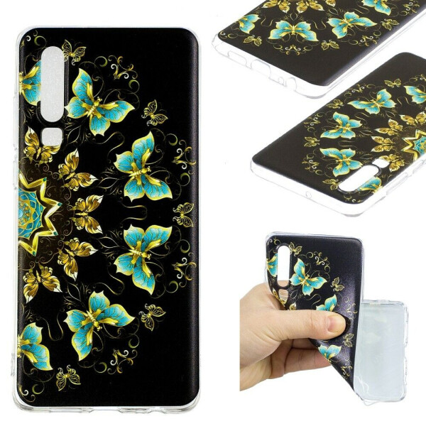 

Силиконовый (TPU) чехол Deexe Pretty Glossy для Huawei P30 - Gold and Blue Butterflies