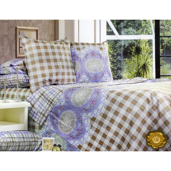 Комплект постельного белья Еней-Плюс Т0398 Бежевый, фиолетовый Семейный