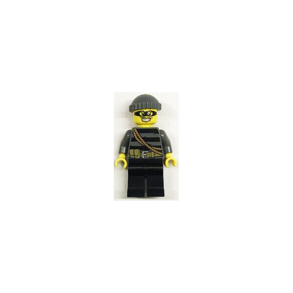 

LEGO City Воришка в темно серой шапке черных штанах и темно серой кофте в полоску на которой веревка с ключами и ремнем на поясе (town0278)
