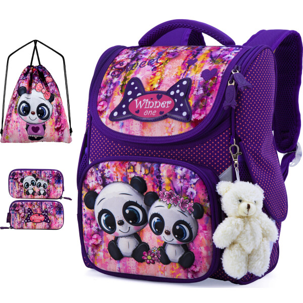 Ортопедический рюкзак (ранец) с пеналом и мешком для школы фиолетовый для девочки Winner one для начальной школы (Fuii-2042)