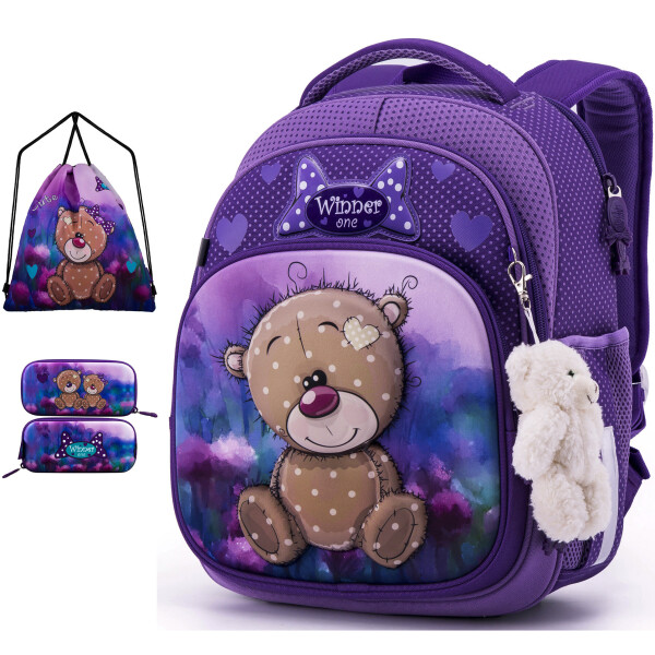 

Ортопедический рюкзак (ранец) с пеналом и мешком фиолетовый для девочки Winner one для начальной школы (Full-7006)