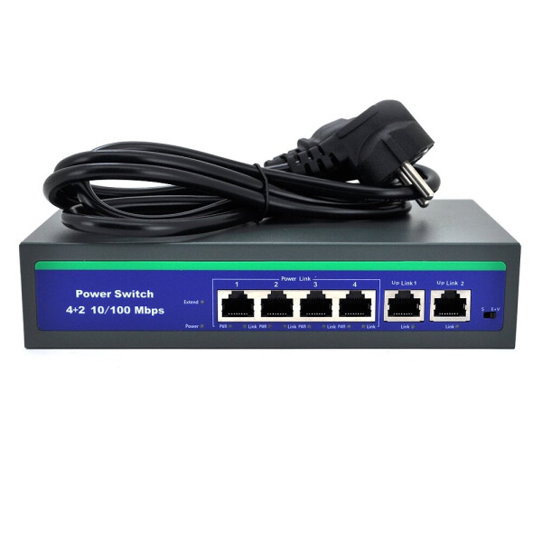 

Коммутатор POE 48V с 4 портами POE 100Мбит + 2 порт Ethernet (UP-Link) 100Мбит, корпус - металл, Black, БП вcтроенный, Q30