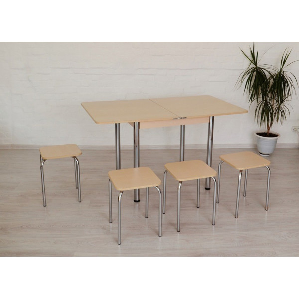 

Обеденный стол Раскладной Тавол Гранди + 4 табурета 80смх70см (140смх80см) ноги металл хром Молочный