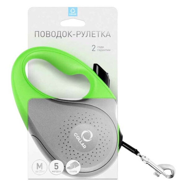 

Поводок-рулетка Collar для собак, размер M, 25 кг, 5 м, лента, салатовый