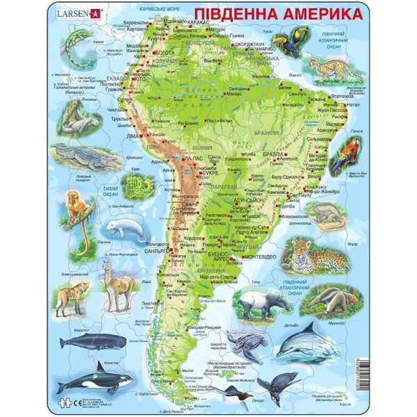 

Пазл рамка-вкладыш LARSEN Карта Южной Америки - животный мир (на укр языке), серия МАКСИ (A25-UA)