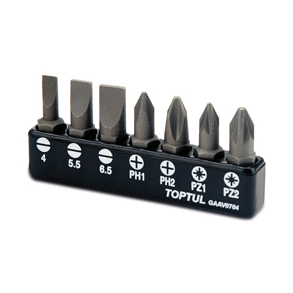 

Набор бит TOPTUL 1/4 7ед. (SL: 4*0.5, 5.5*1, 6.5*1.2; PH1, PH2; PZ1, PZ2) GAAV0704
