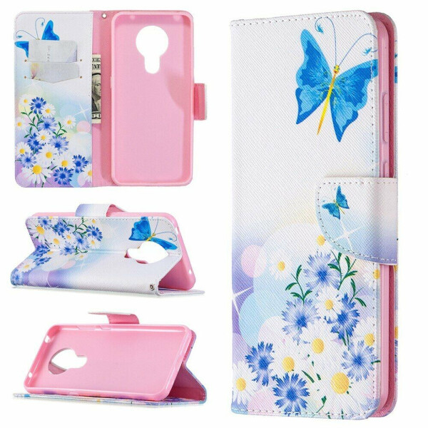 

Чехол-книжка Deexe Color Wallet для Nokia 5.3 - Blue Butterfly and Flowers