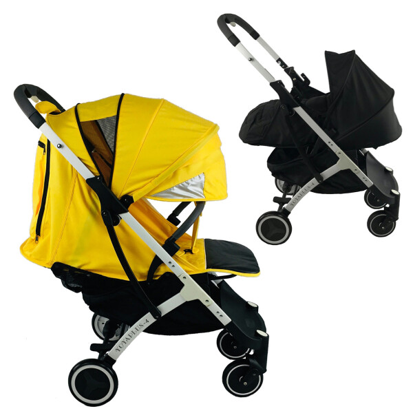 

Коляска Yoya Plus-4-2021 2в1 на молнии с Сумкой для мамы серой и Конвертом на флисе Желтая с люлькой черной на белой раме